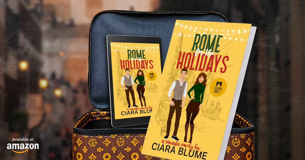 rome for the holidays books in front of spanish steps with a vintage suitcase